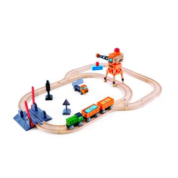 Hape Jucarie din lemn - Set tren de marfa cu macara (34 piese)