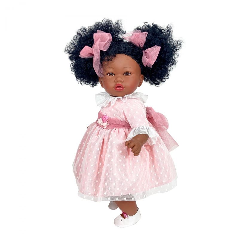 Nines D'Onil Papusa artizanala Celia Afro - cu miros de vanilie, rochita roz plumeti (45cm)