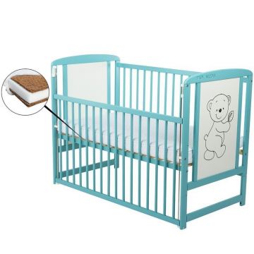 BabyNeeds - Patut din lemn Timmi 120x60 cm, cu laterala culisanta, Mint + Saltea 12 cm